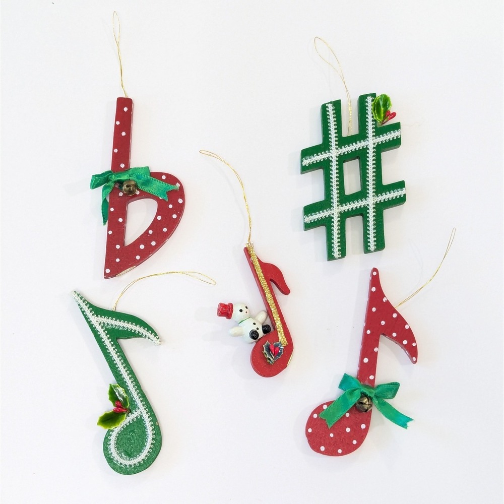 Vintage Music Notes Sharp Flat Red Green Wood Christmas Ornaments Set Of 5